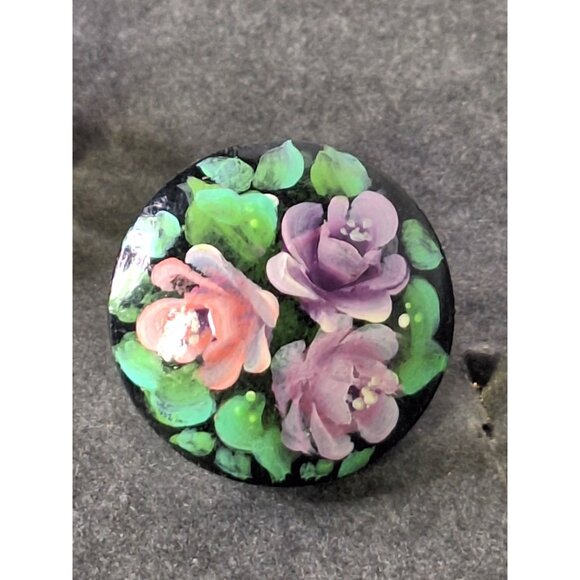 Vintage Earrings Floral 1960's Hand Painted Wood Round Bright Abstract - Picture 4 of 8